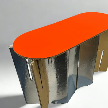 Product design render: orange-topped cabinet with metallic pleated base
