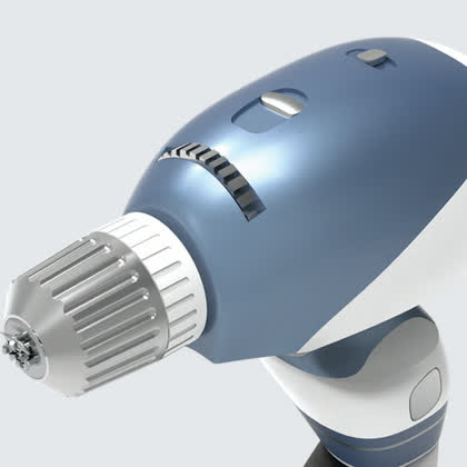 Product design render: blue handheld appliance concept